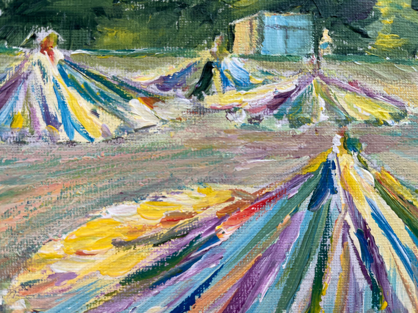 Acrylic painting "Straw umbrellas on Becici beach"