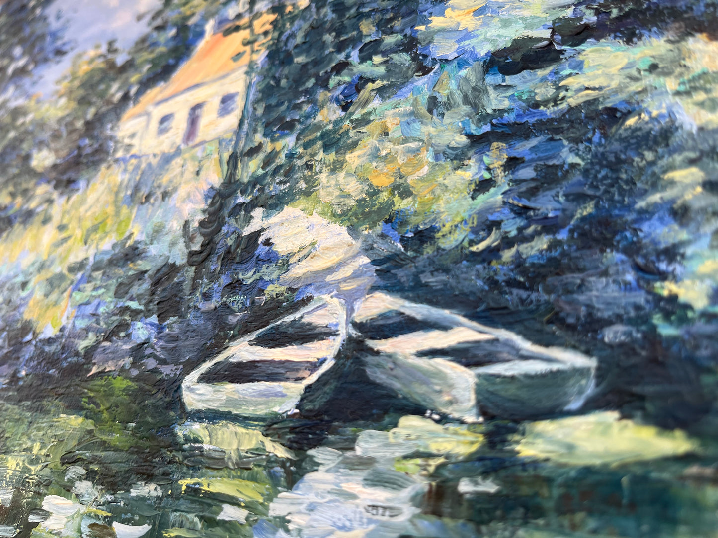 Oil painting "House in the forest by the pond"
