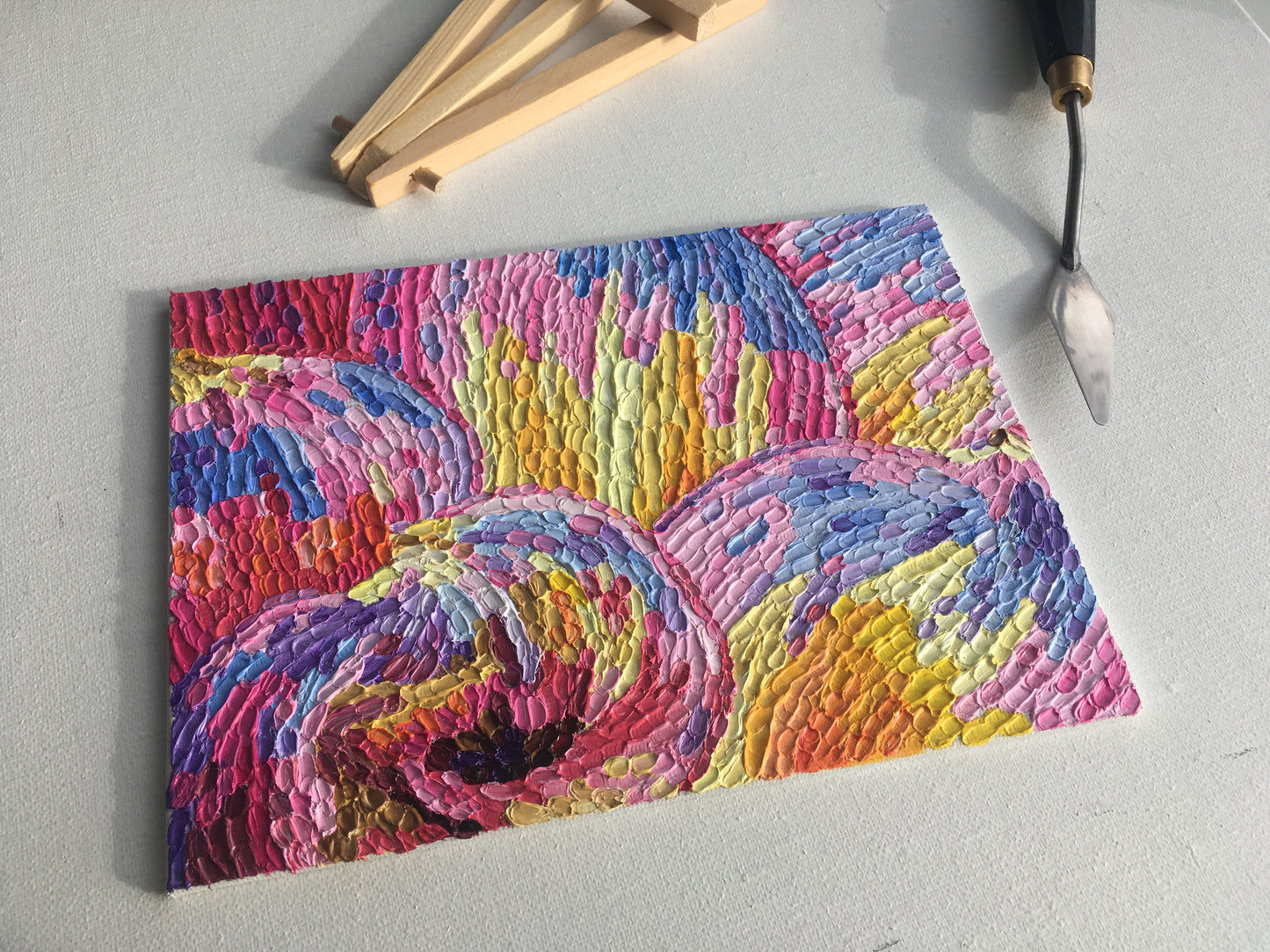 Impasto oil painting "Pink and yellow Dahlia"