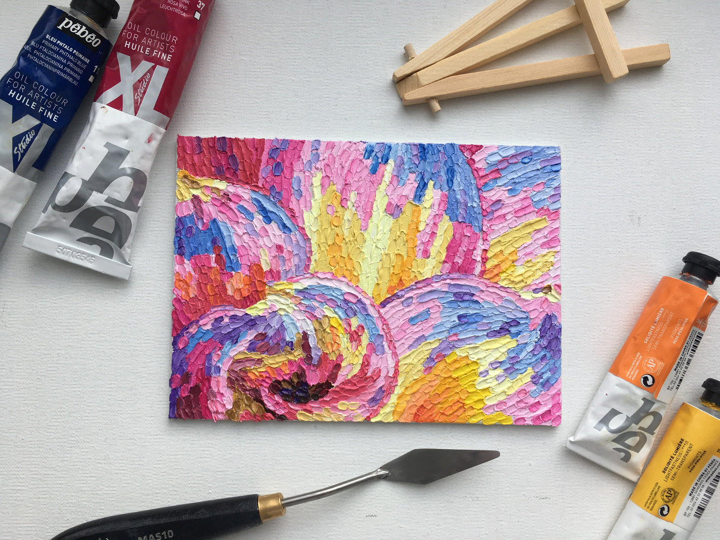 Impasto oil painting "Pink and yellow Dahlia"