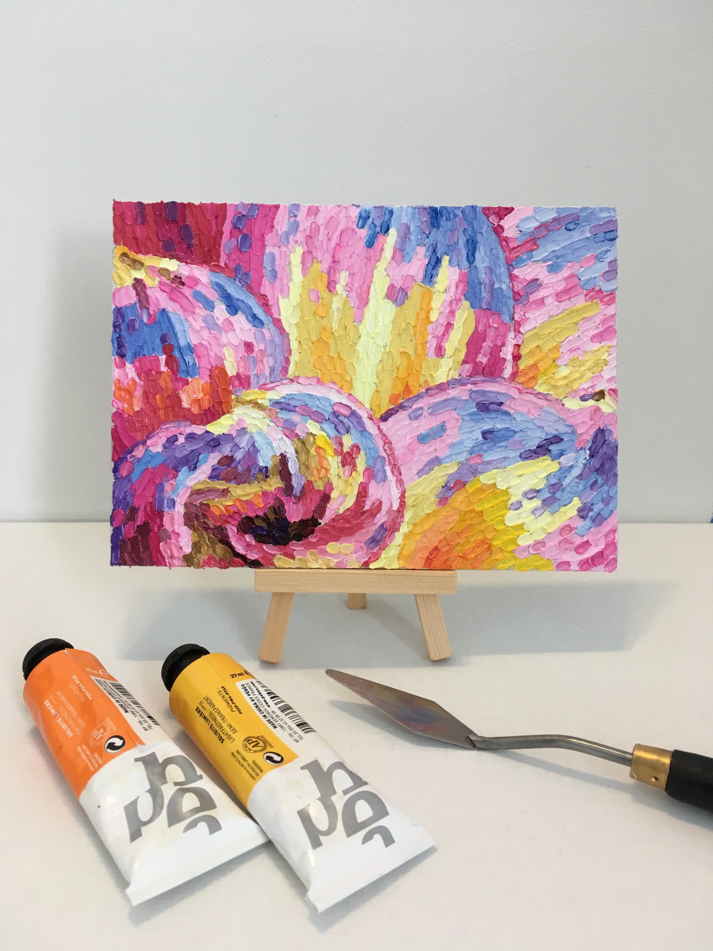 Impasto oil painting "Pink and yellow Dahlia"