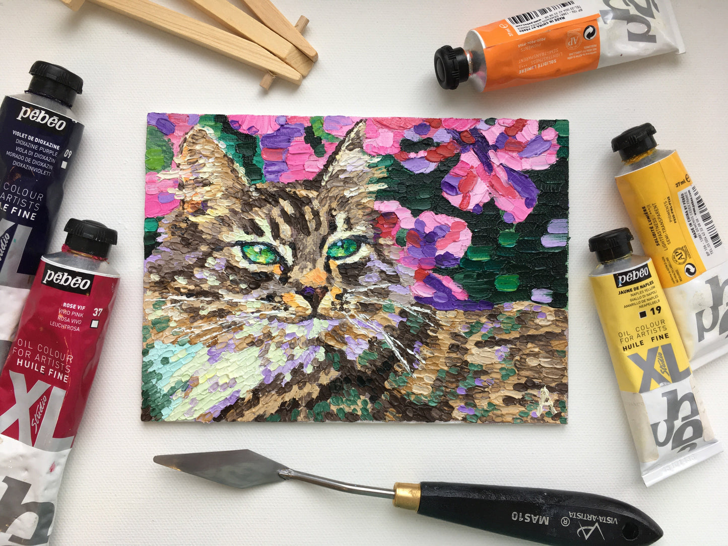 Impasto oil painting "Cat in flowers"