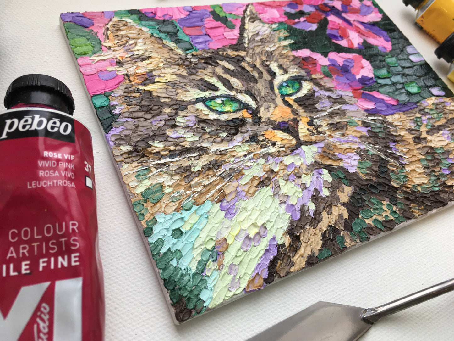 Impasto oil painting "Cat in flowers"