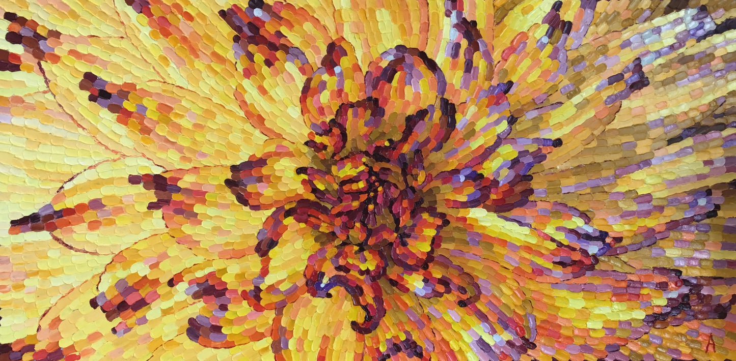 Impasto oil painting "Yellow and orange Dahlia"