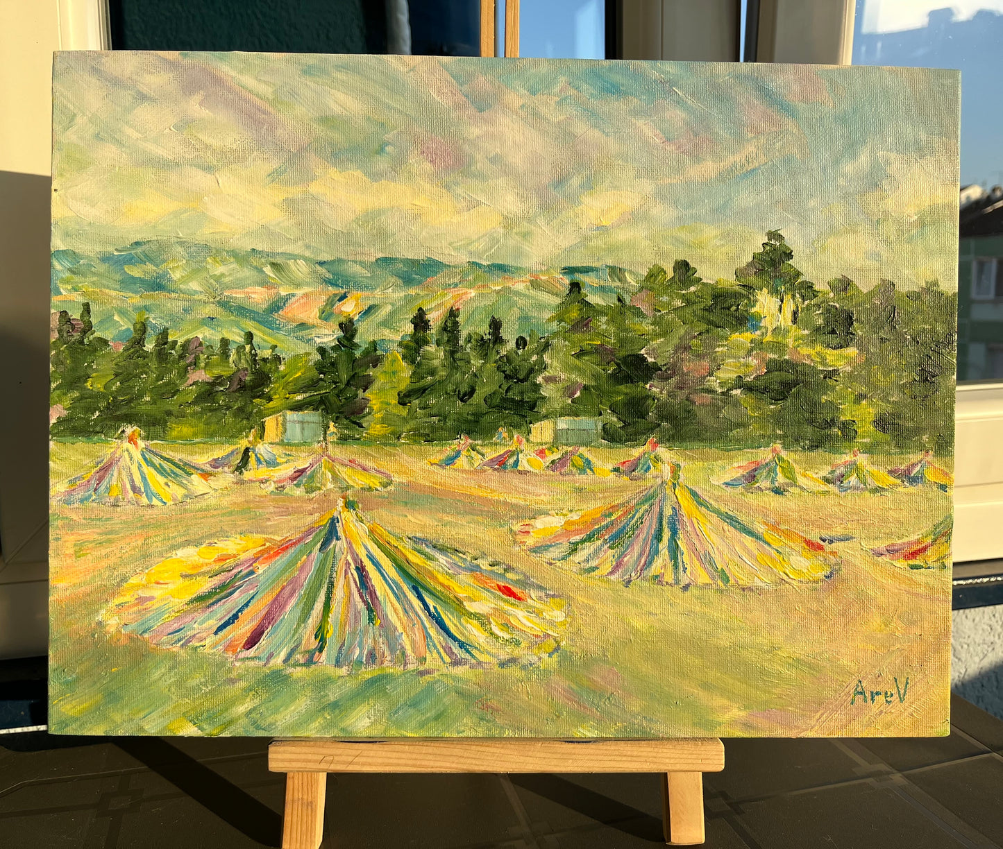 Acrylic painting "Straw umbrellas on Becici beach"