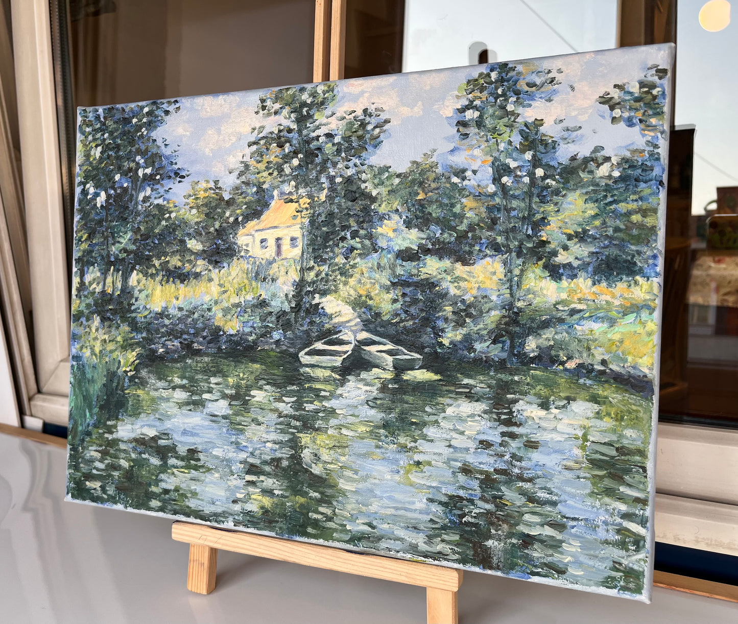 Oil painting "House in the forest by the pond"