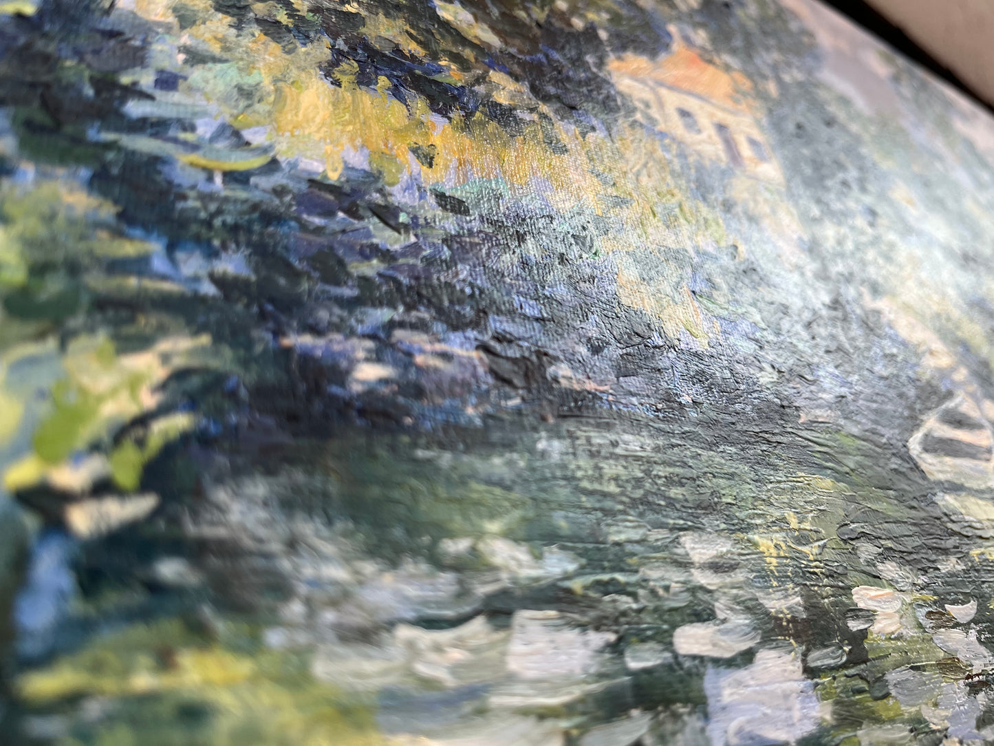 Oil painting "House in the forest by the pond"