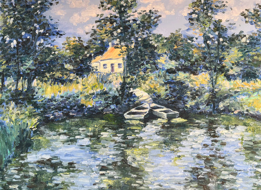 Oil painting "House in the forest by the pond"