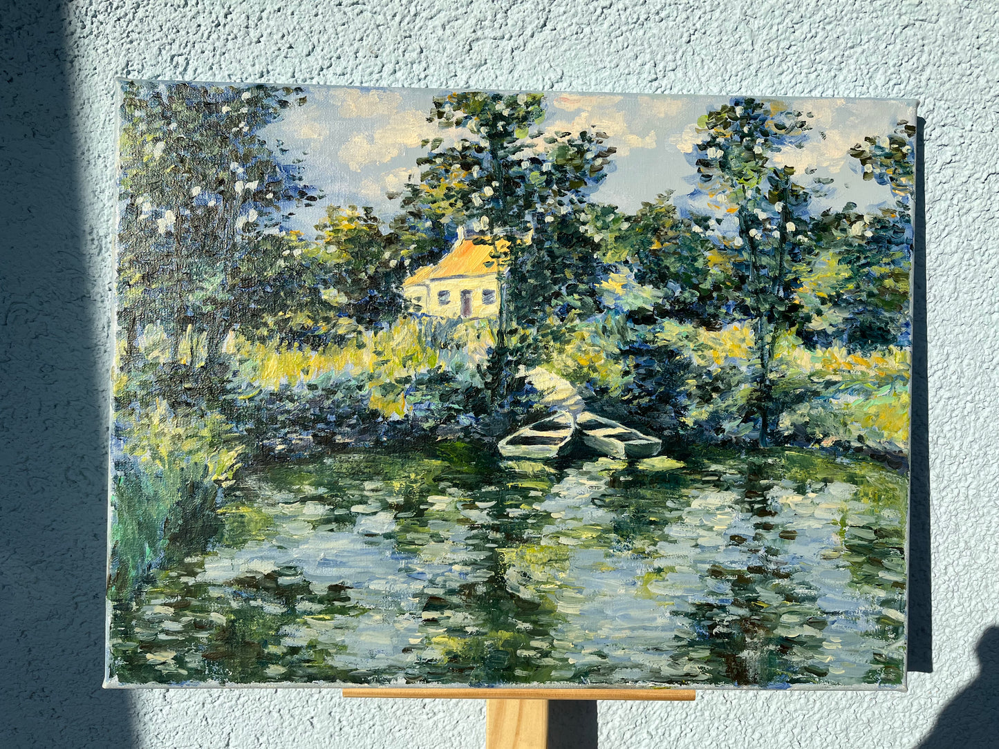 Oil painting "House in the forest by the pond"