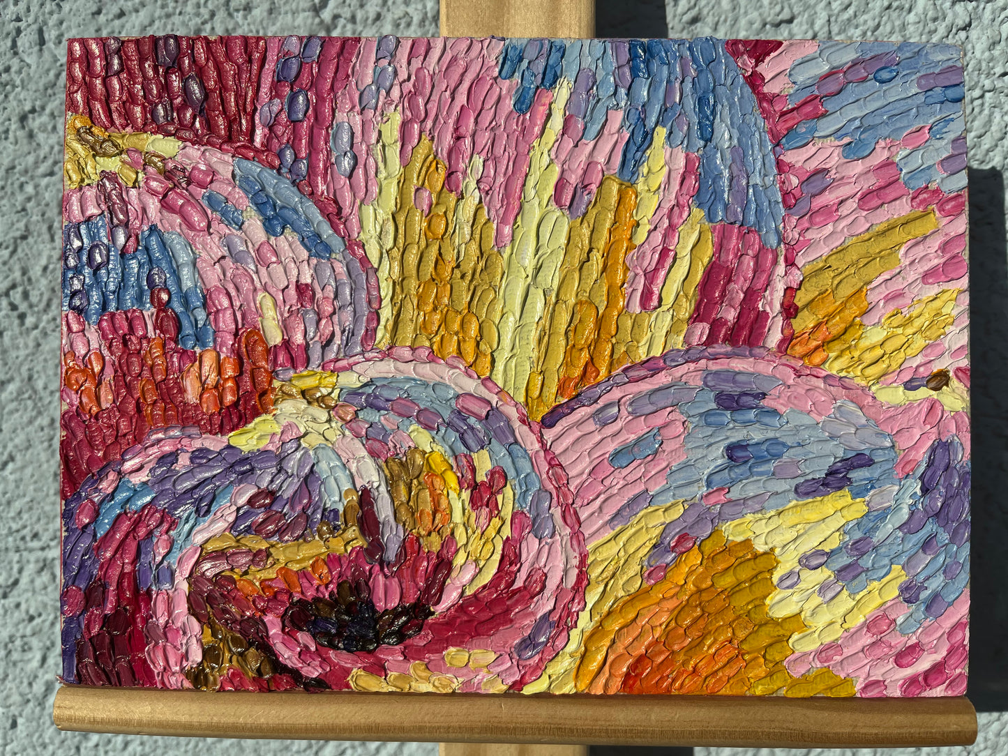 Impasto oil painting "Pink and yellow Dahlia"