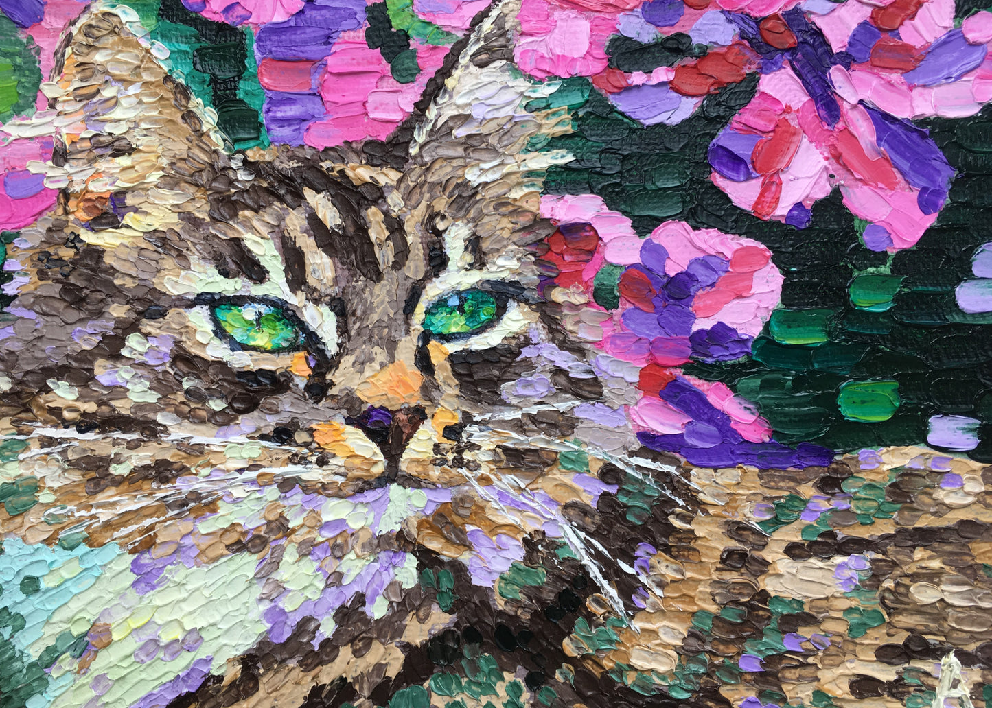 Impasto oil painting "Cat in flowers"